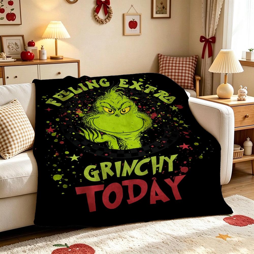 Extra Grinchy Today Theme Cute Flannel Blanket Machine Washable Fleece Blanket For Living Room Bedroom Gaming Room Party Decor Christmas Gift