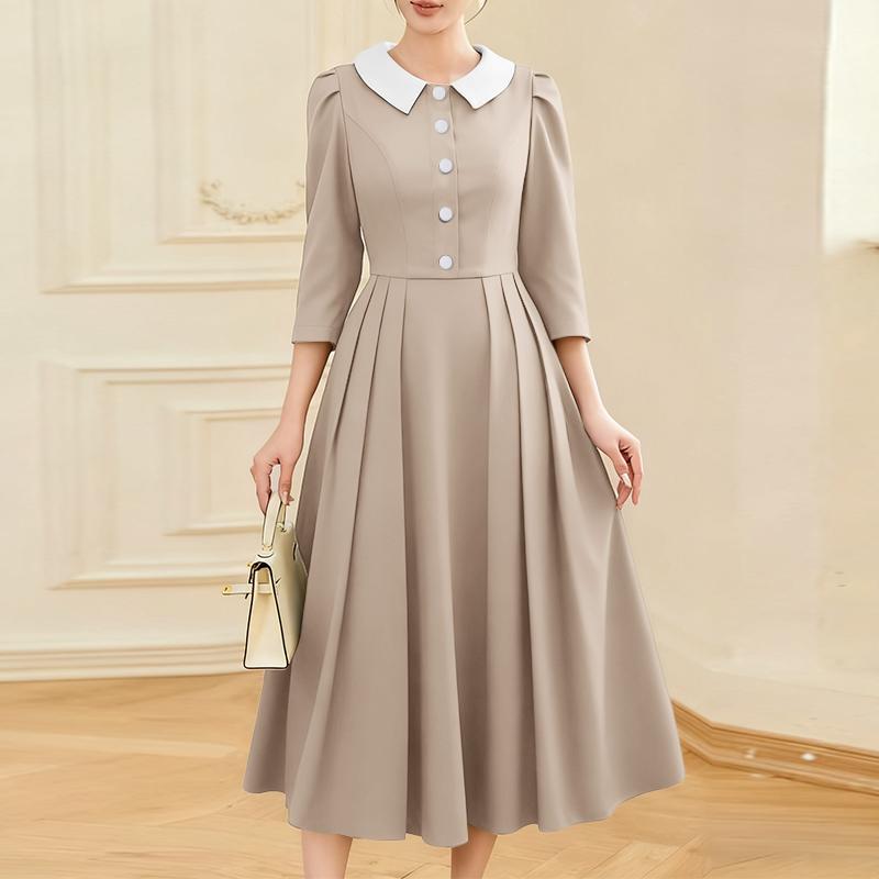 ZANZEA Women Casual Splice Doll Collar Loose Long Sleeve Elegant Dress S хаки