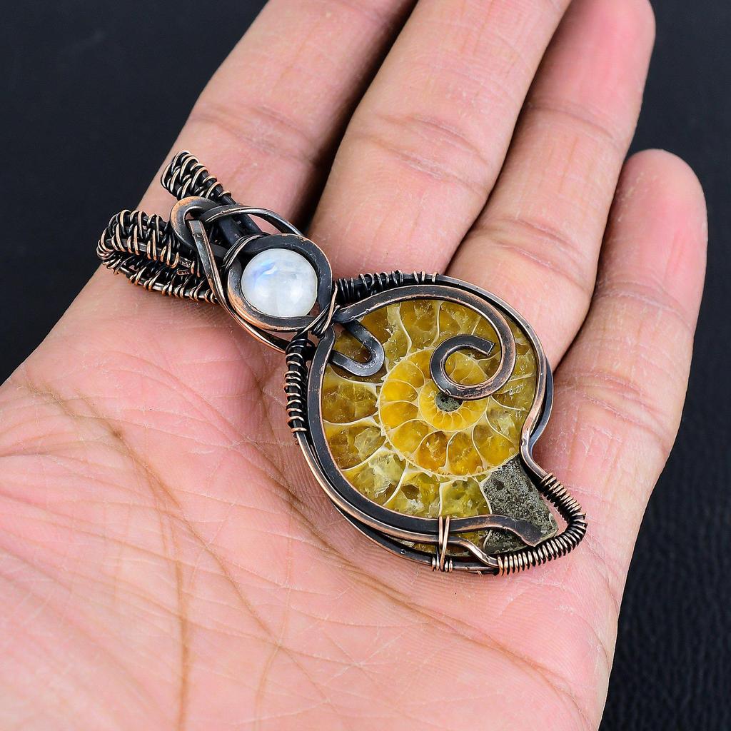 Ammonite Fossil 999 Copper Wire Wrapped Pendant, Handmade Gemstone Jewelry Pendant For Memorial Day