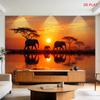 2D Flat - 2D Flat - A Large Tapestry Featuring a Pattern of African Elephants Against a Sunset Backdrop, Complete with Silhouettes, Water Reflections,
