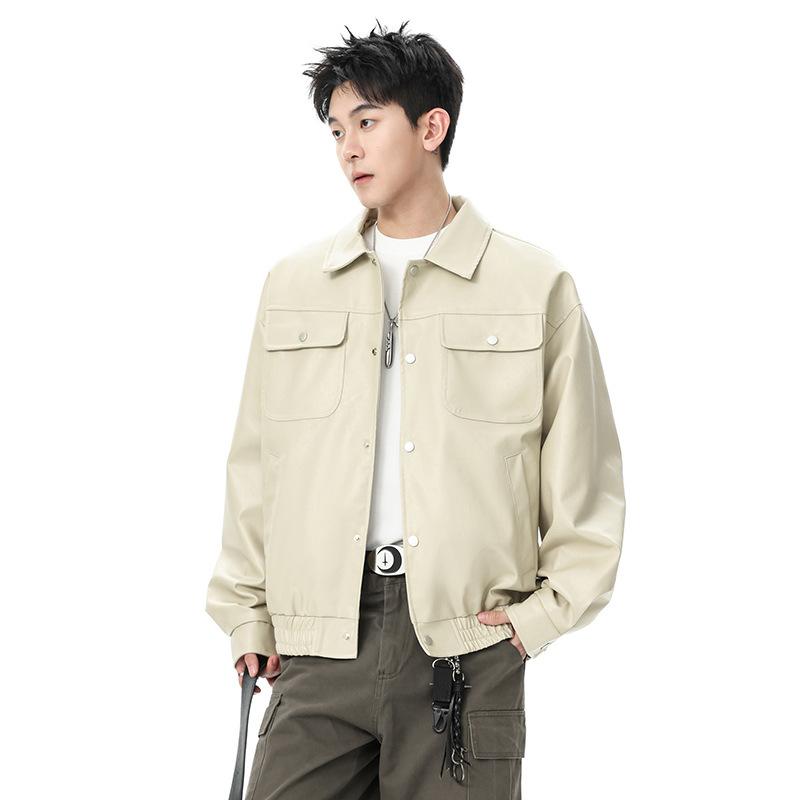 Men's Brown Faux Leather Bomber Jacket - Oversized Casual Streetwear PU Leather Jacket with Pockets