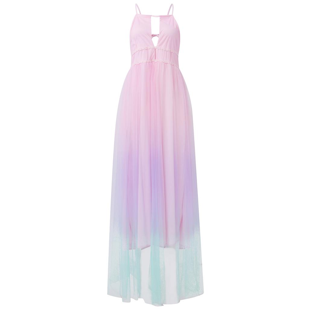 Women's Sexy Backless Zipper Strap Prom Evening Dress Gradient Sleeveless Dress
