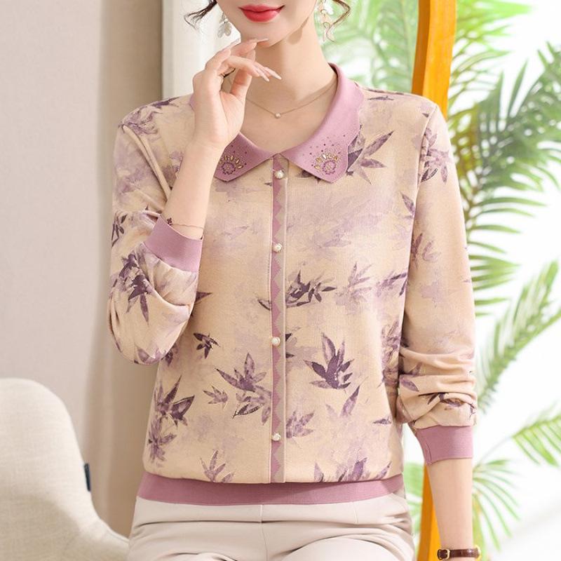 Elegant Floral Lapel Top for Middle-Aged Women - Long-Sleeved, Loose Knit, Pullover T-Shirt