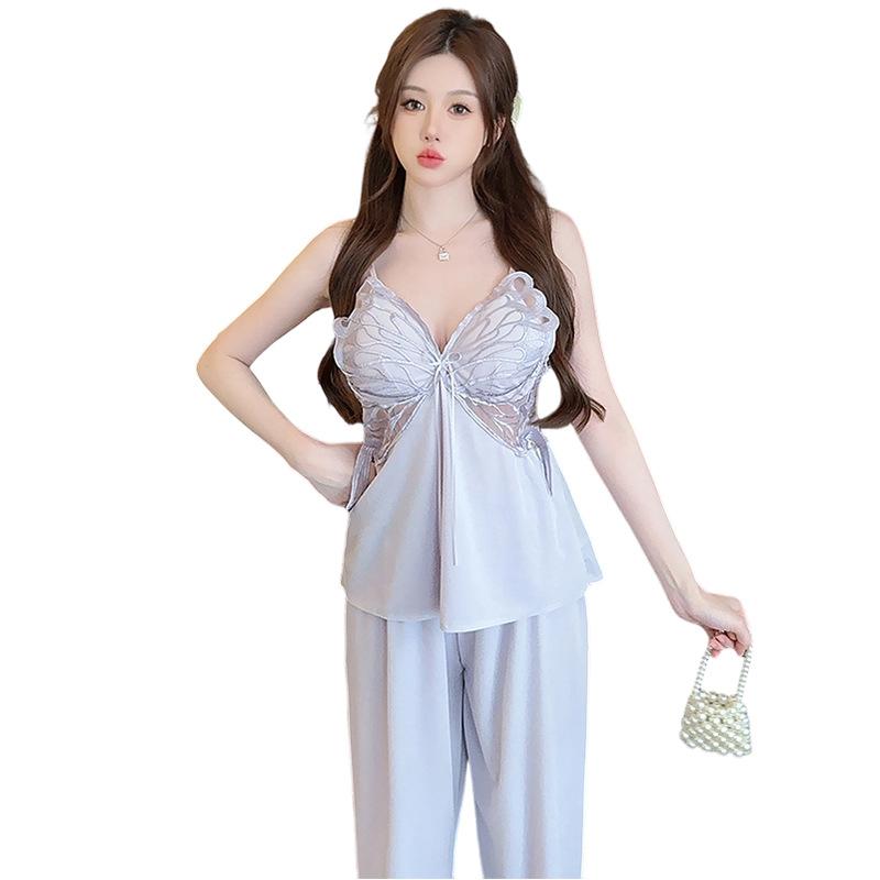 All seasons can wear sexy lace thickened women's homewear three-piece butterfly sling design slightly transparent, sexy and sultry