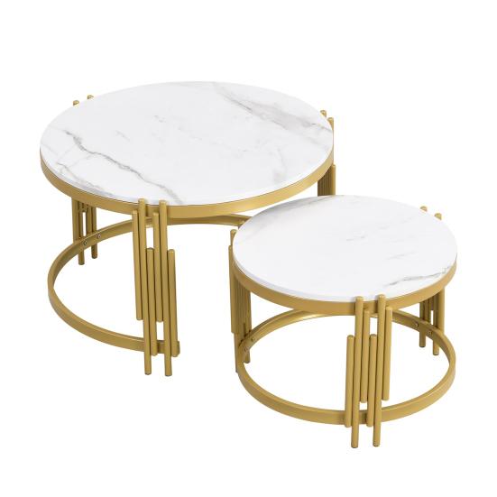 Sofa Side Table Modular Coffee Set, Marble Look, Golden Metal Frame, Round Tea Tables in Two Sizes, Nesting Table, Set of 2
