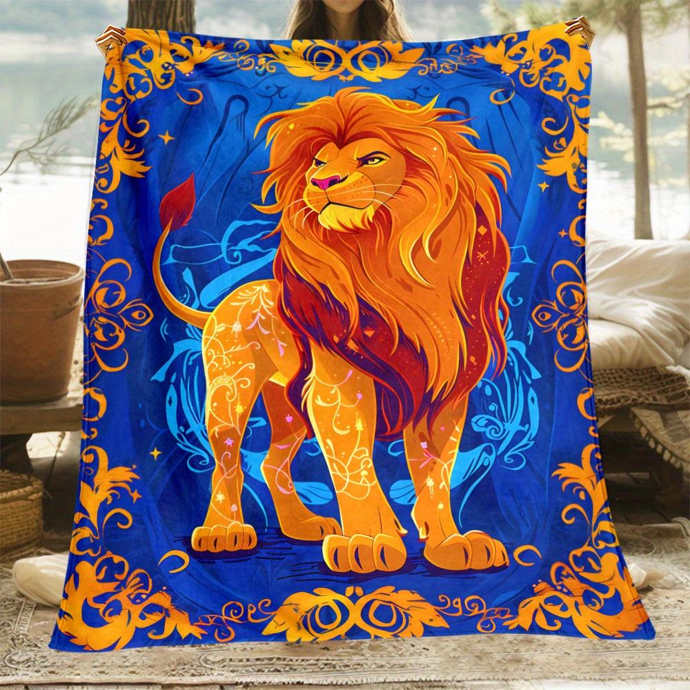 Lion King Blue GoldOrnate Fleece Blanket Majestic Animal Art Soft Throw Blanket Royal Decor Gift for Lion Fans and Animal Lovers 75x100cm