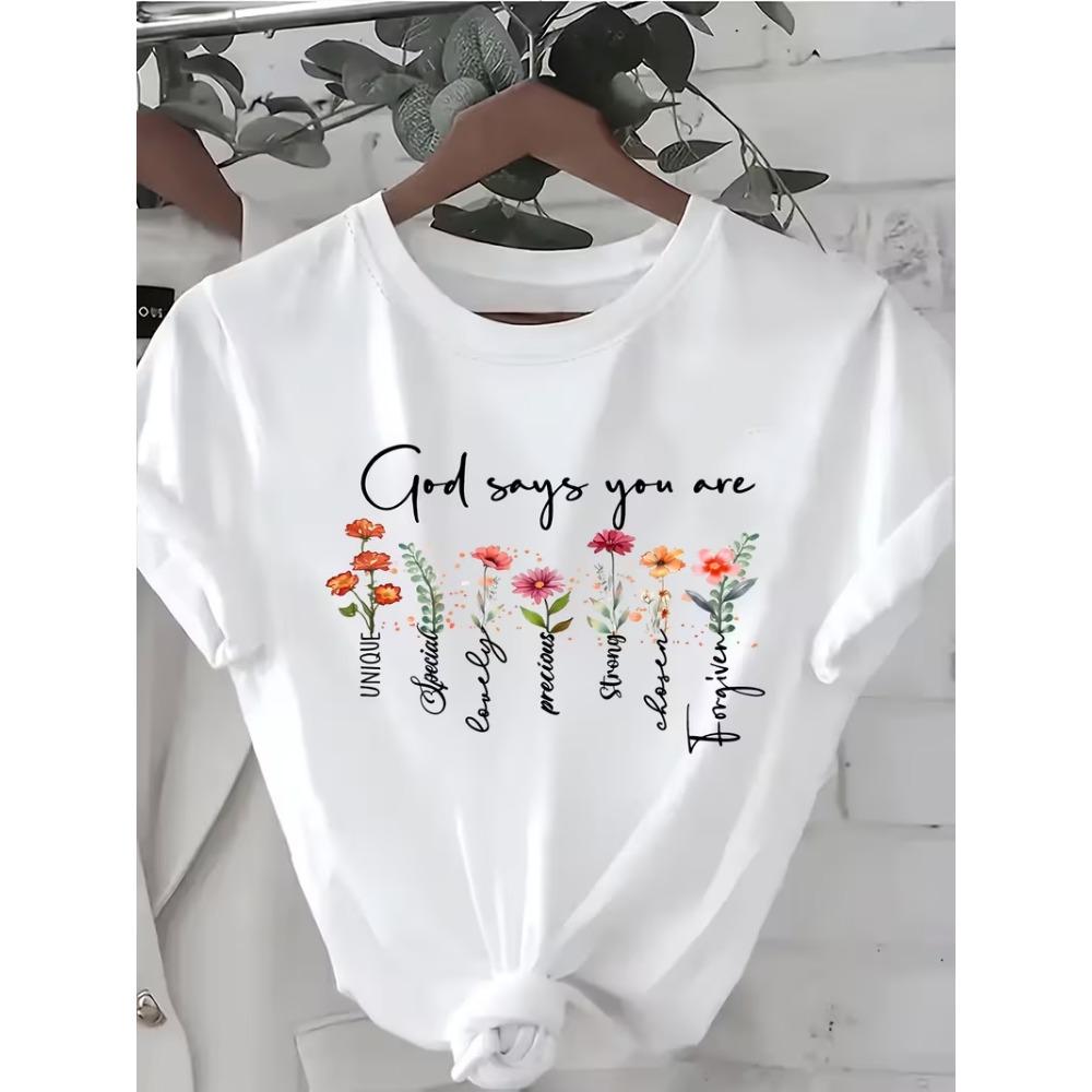 Cute Flower & Letter Print Casual T-shirt Durable Plus-size Casual T-shirt Daily Commute Travel Fashion Streetwear
