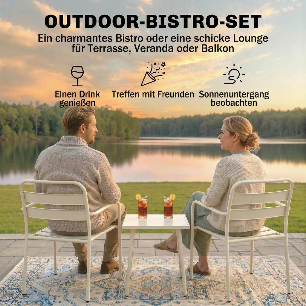 Bistro Set 3-Piece Metal Garden Furniture Set with 2 Garden Chairs, Glass Table, Slat Design, Rust-Resistant