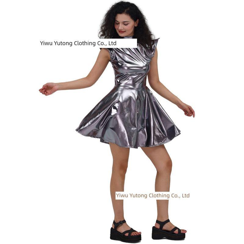 Cross-Border New Halloween Clothes Laser Bronzing Patent Leather Solid Sexy Party High Waist Jumpsuit Short dress Performance