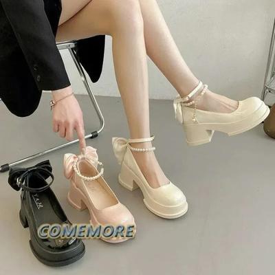 Zapatos Clásicos de Plataforma Gruesa Mary Janes Lolita para Mujer Zapatos de Fiesta Sandalias de Tacón Alto Primavera Otoño Nuevos Cadena de Lazo Calzado para Mujer