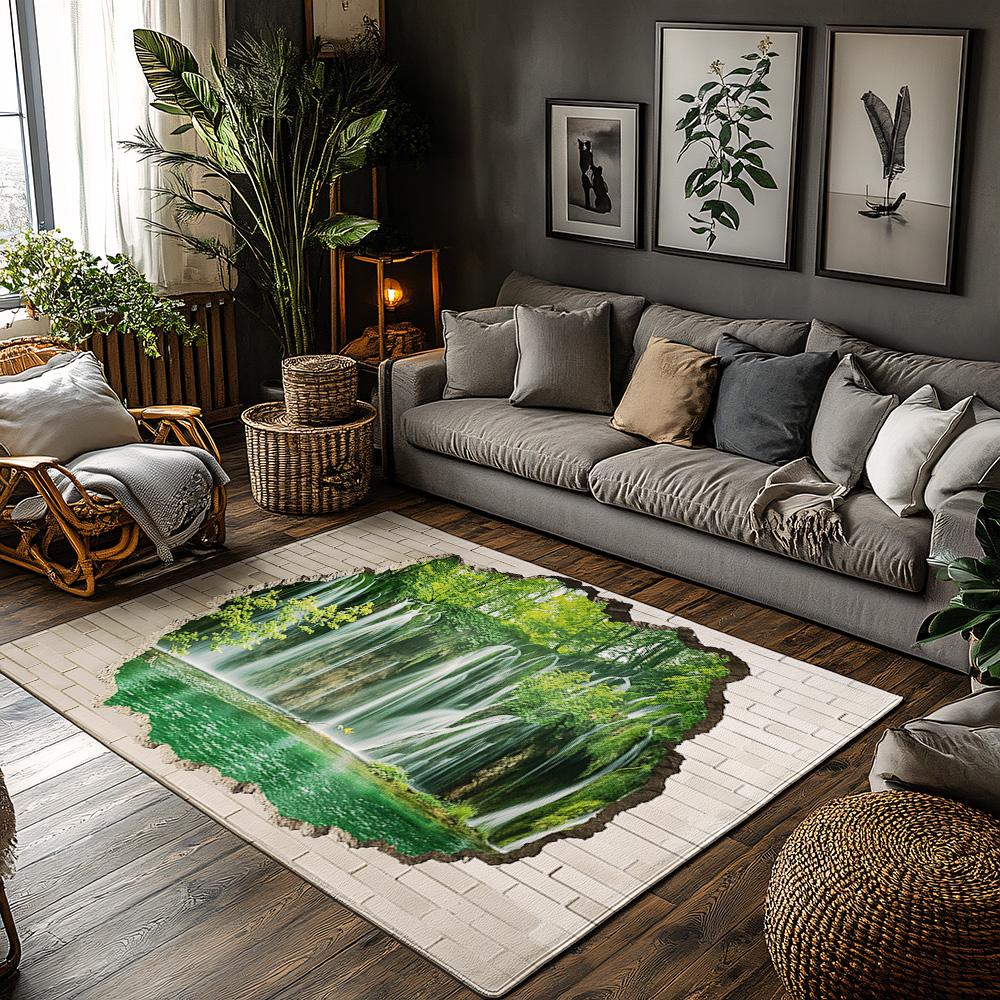 

Forest Waterfall Landscape Rug, Green Nature Themed Carpet for Living Room, Plush Non-Slip Sofa Mat with Stone Border Design 50x80cm