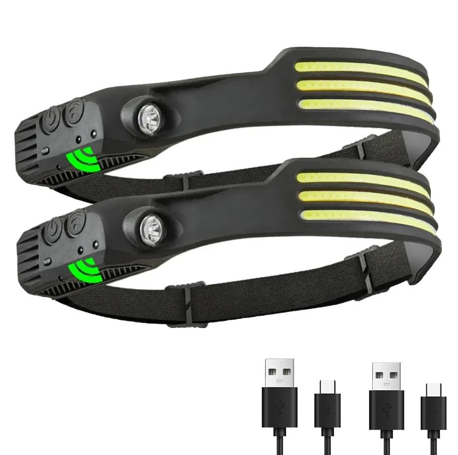 USB Rechargeable COB LED Induction Headlamp with 1200mAh Built-in Battery Head Flashlight Outdoor Camping Fishing Head Lantern