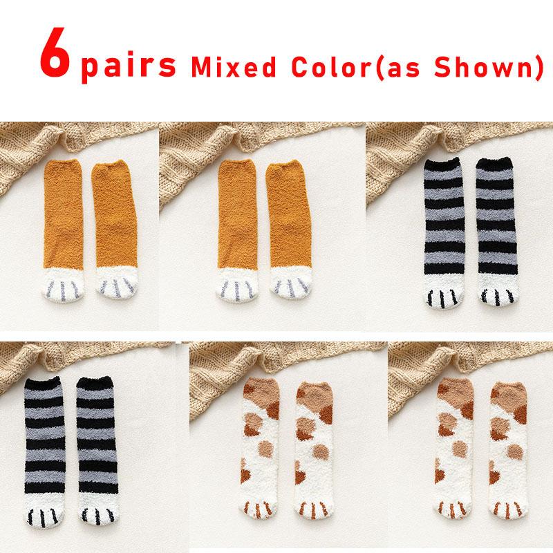 6 Pairs Woman Socks Set Cartoon Cute 3D Dog Cat Paw Pattern Winter Female Fleece Warm Home Floor Sleeping Thick Socks