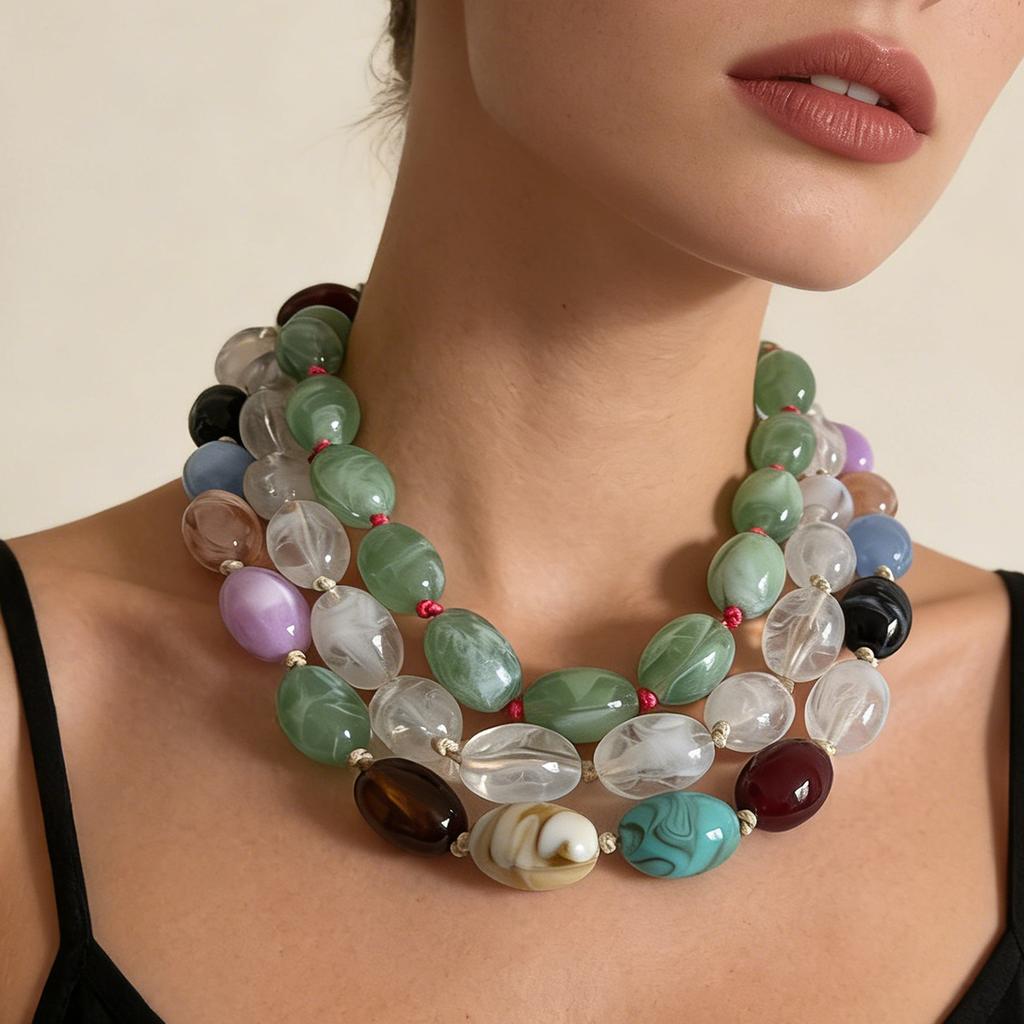Personality Trend Exaggerated Fashion Casual Multi-color Optional Beaded Knotted Necklace Daily Stackable Accessories Women