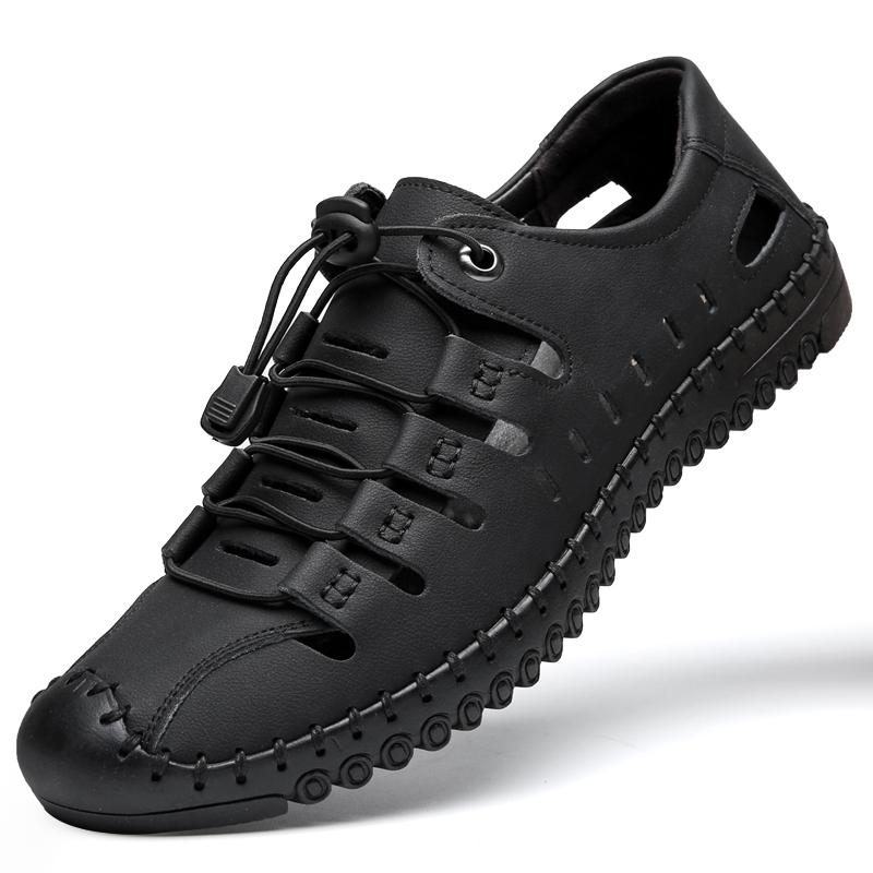 Men's Sandals  New Summer Wear Soft Sole Leather Toe Cap Hole Shoes Cowhide Casual Hollow Sandals