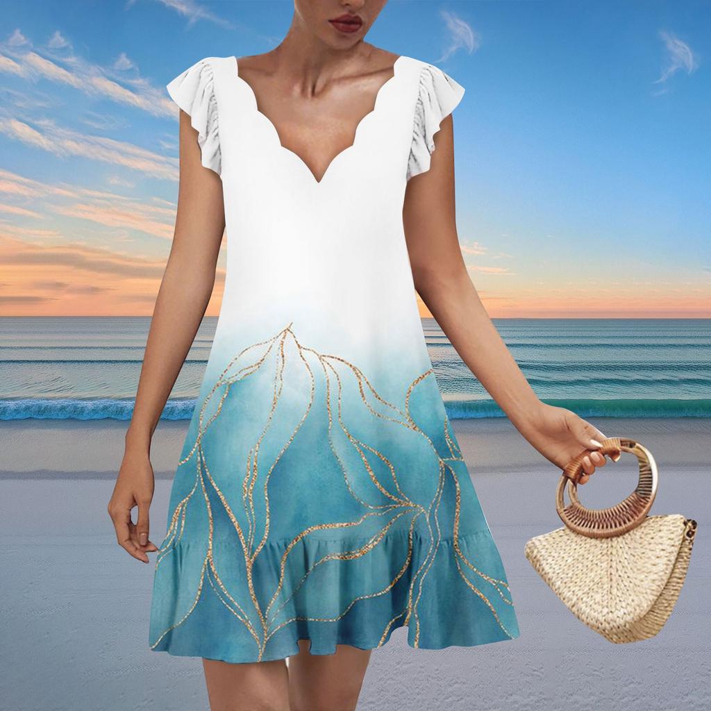 Women's Fashion Casual V Neck Wavy Edge Print Short Sleeve Dress