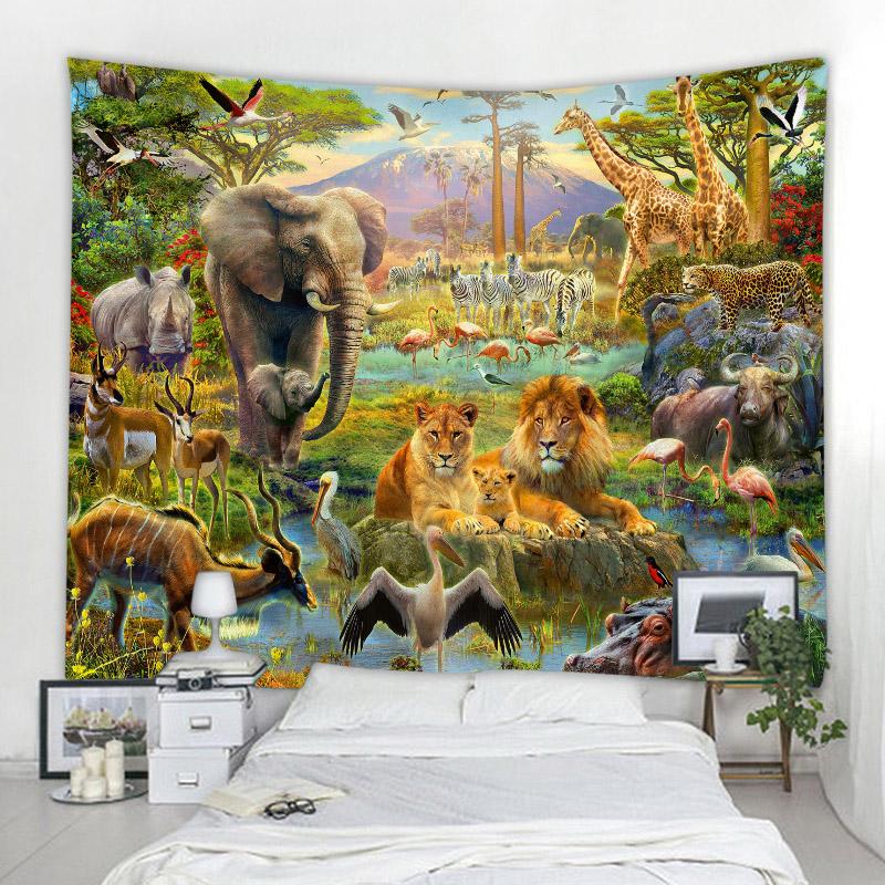 African Jungle Wild Animal Tapestry Rainforest Theme Wall Hanging Safari Animals Giraffe Elephant Tapestries For Boys Adults