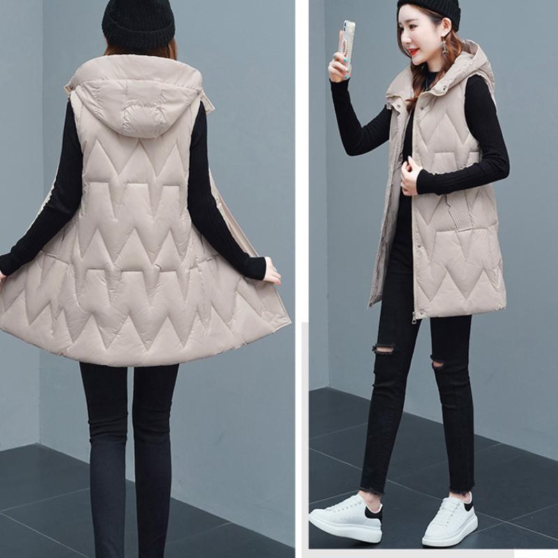 Outono e inverno feminino cor sólida com capuz solto espessamento quente meados de comprimento sem mangas colete jaqueta feminina