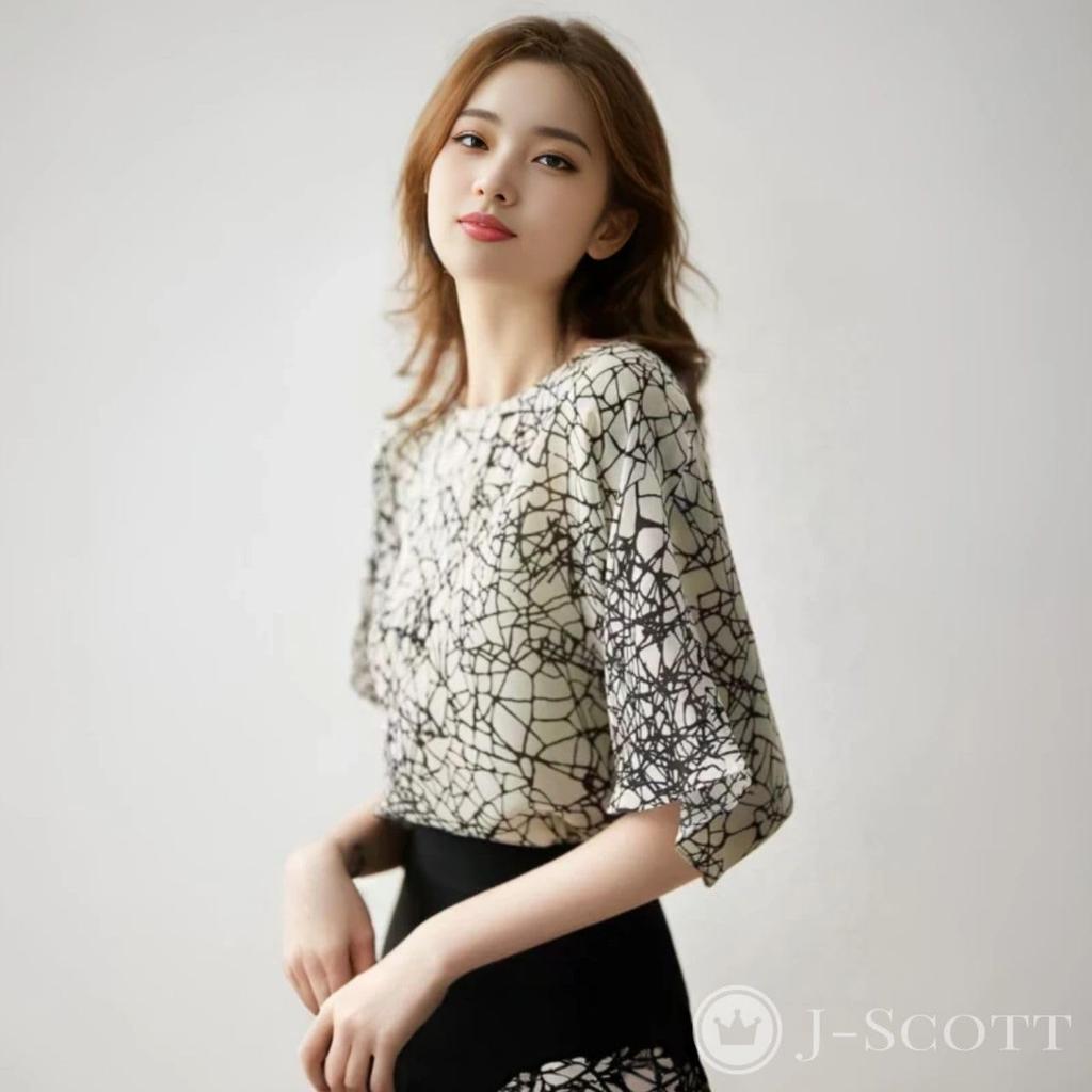 J-Scott Women's Printed Chiffon Blouse, Monotone, Flare Sleeves, 3/4 Sleeves, Round Neck, White, JS142-WH-S