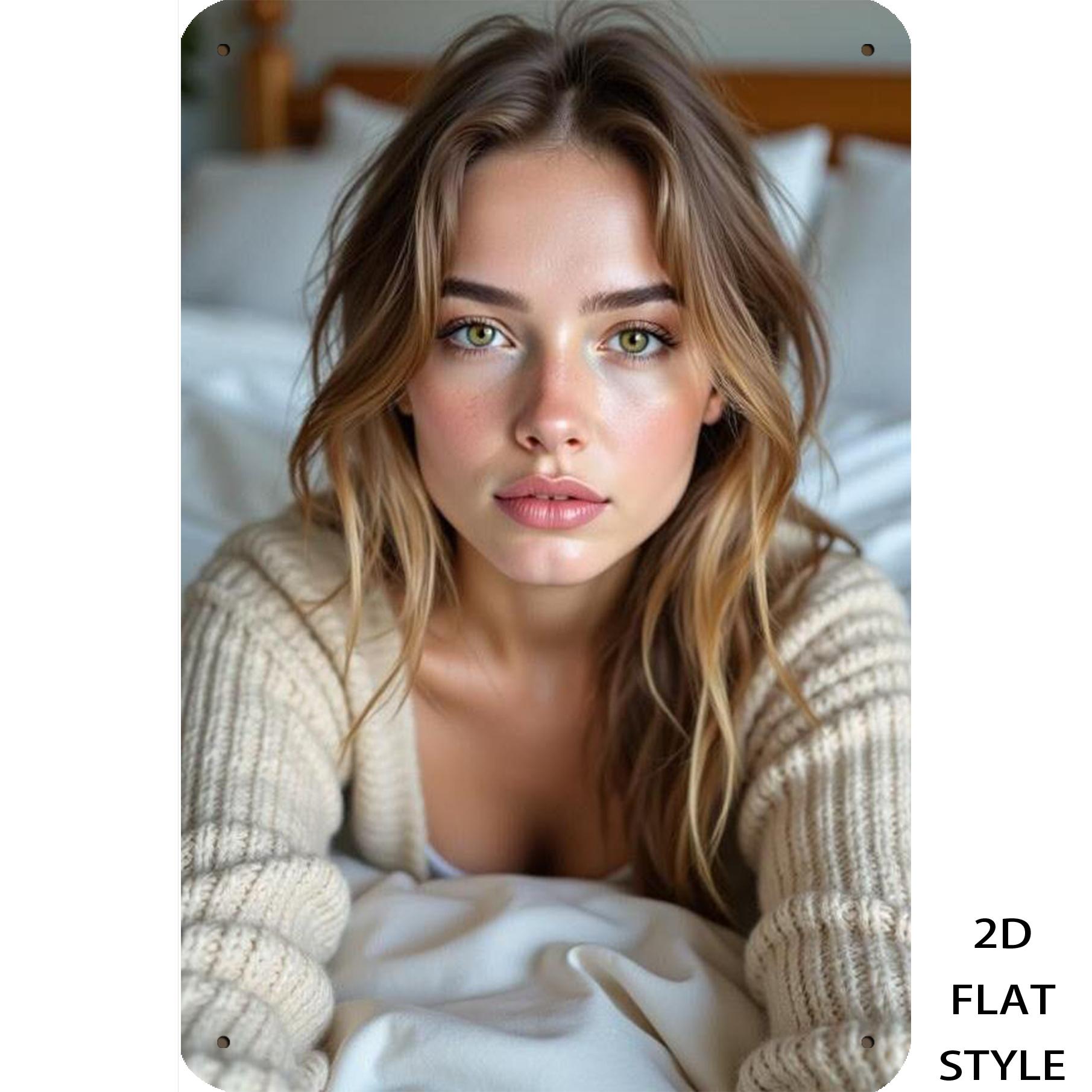 

HD Metal Tin Sign Beautiful Blonde in Cozy Knit Sweater on Bed Vintage Wall Art Decor for Bedroom Bar Retro Metal Plaque Poster 20x30cm（7.8x11.8inch）