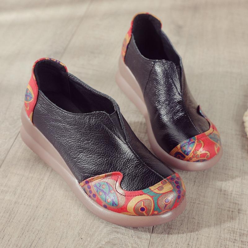 Spring new muffin sole casual women's shoes leather color matching single shoes heightened and comfortable