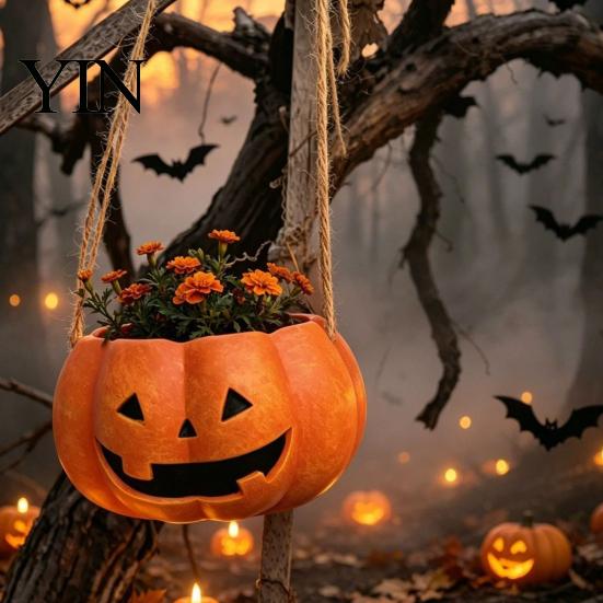 Versatile Tabletop Plant Vessel Pumpkin Shaped Hanging Pot, 4.3 Inch Lightweight Resin Flower Adjustable Decorative Container Rope Mini Pots