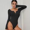 Damen Strampler Unifarben V-Ausschnitt Gestrickt Schmale Passform Lange Ärmel Warm Atmungsaktiv Schrumpffest Lady Frühling Body für den täglichen Gebrauch
