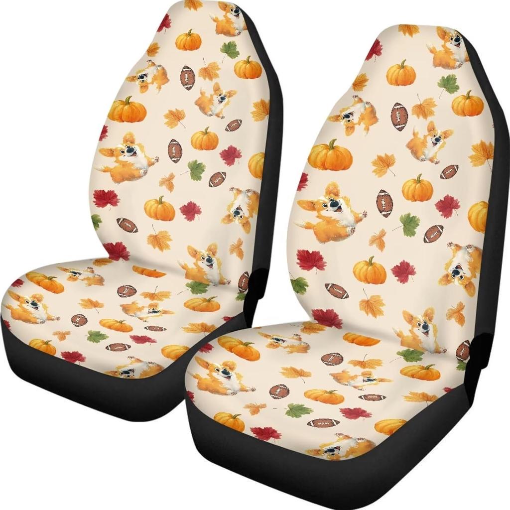 Pumpkin Mushroom Maple Leaf Front Car Seat Covers Protectors 2-Pc Set Graphic Print Auto Seat Covers For Holiday Car Decor