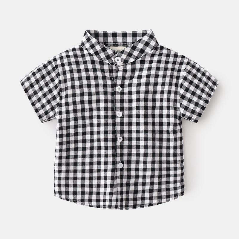 Summer Boys' Lapel Casual Short-Sleeved Top K-style Kids Fashion Small Gingham Baby Stand Collar Button Shirt