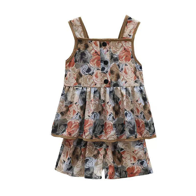 Girls' Summer Two-Piece Set New Fashionable Floral Dress For Children Short-Sleeved Shorts Outfit For Girls