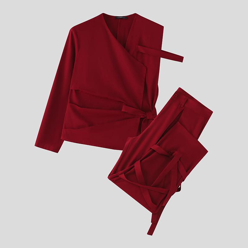 INCERUN Two Pieces Outfits Men One Shoulder Shirt Long Bandage Harem Pants Sets