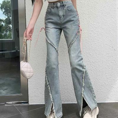 American Split Jeans Women Pink Bandage High Waist Irregular Spliced Denim Pants Zipper Fly Trousers Y2k Pantalon Femme