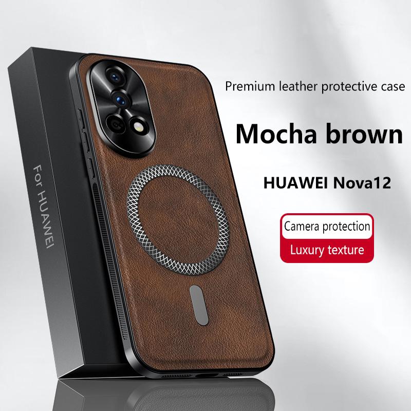 Luxury PU Leather Case For Huawei Nova 12 Ultra 12 11 10 9 8 7 Pro Magsafe Magnetic Metal Ring Lens Protection Shockproof Cover