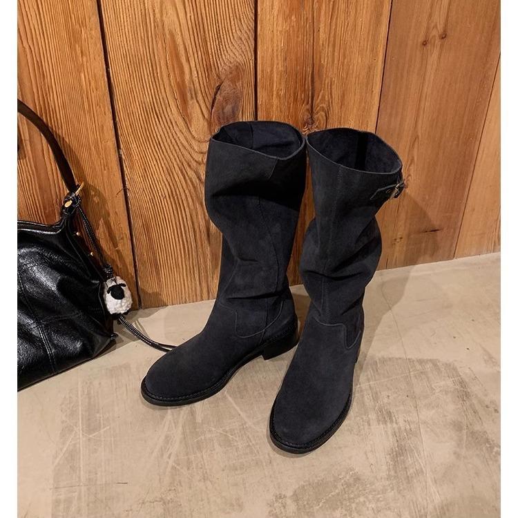 Grape Mother of the Same Style, the New Maillard Pointed Round Head Leather Boots Buckle with Thick Heel Medium and High Boots 2025 Women's Autumn