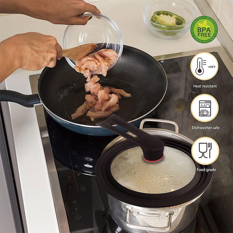 Silicone Universal Pan Lid with Standing Handle Kitchen Pot Skillet Frying Pan Cover Cookware Tempered Glass Replacement Pan Lid