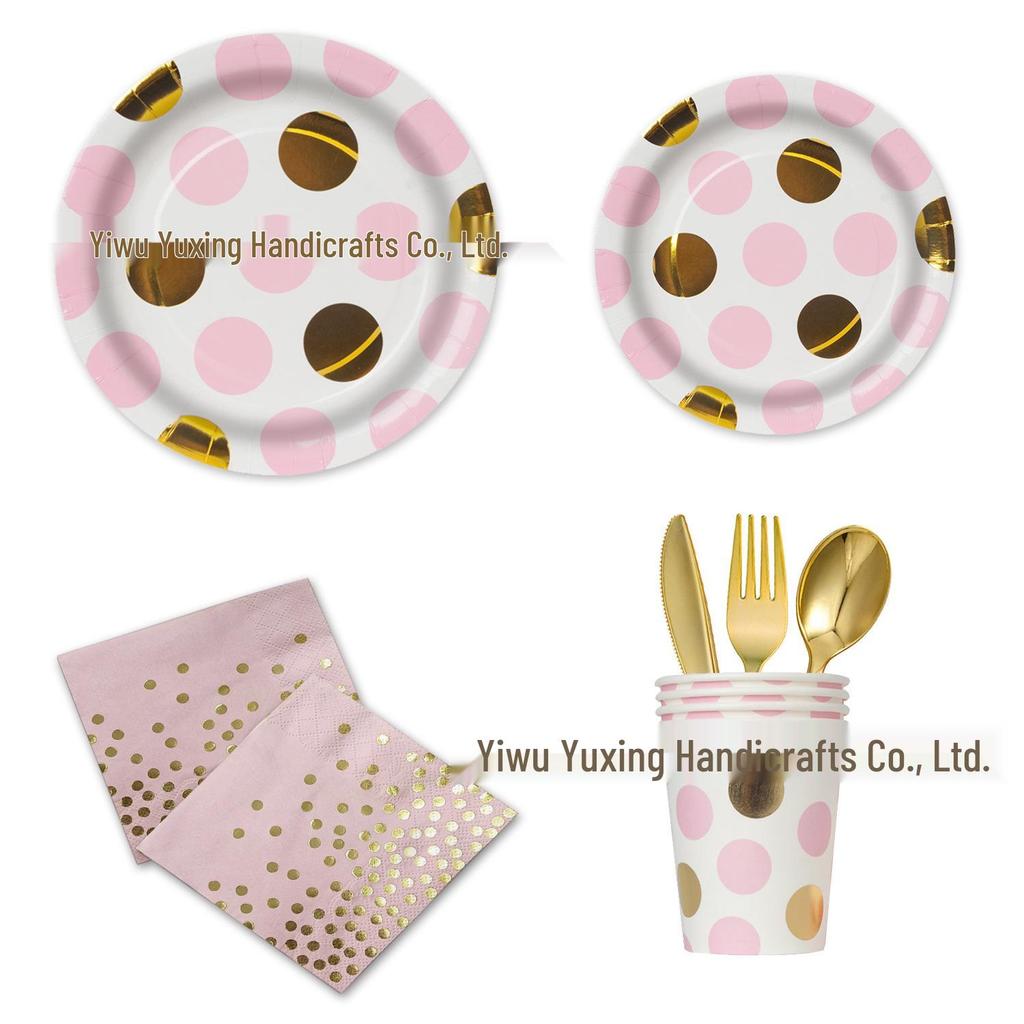 Polka Dot Pink Party Disposable Tableware Set: Plates, Knife, Fork, Spoon, and Cups