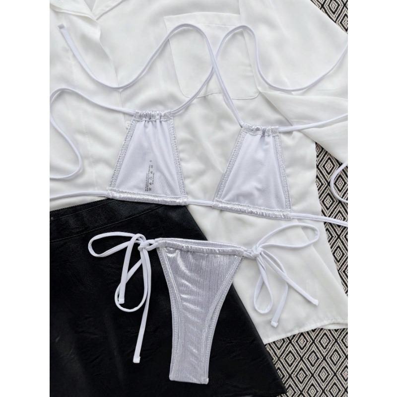 Kadın Seksi Parlak Düz Bikini Mayo Plaj Yüzme İçin