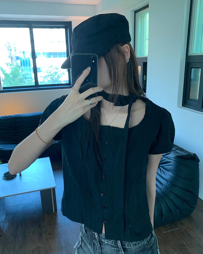 HAVISM Scarf Square Neck Blouse(Black)