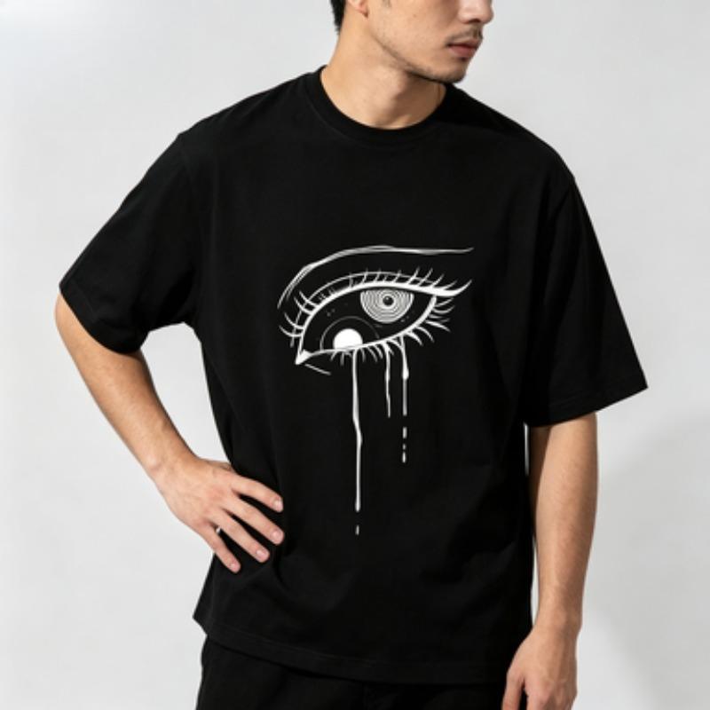 Male 100 Cotton Dark Aesthetic Graphic Tshirt Hand Sketch Crying Crew Neck Loose Short Sleeve Minimal Gothic Street Daily Tops