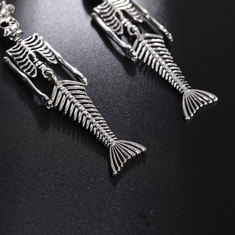 Vintage Punk Skeleton Skull Dangle Clip Earrings for Women Without Piercing Long Exaggerated Halloween Ear Clips Party Jewelry