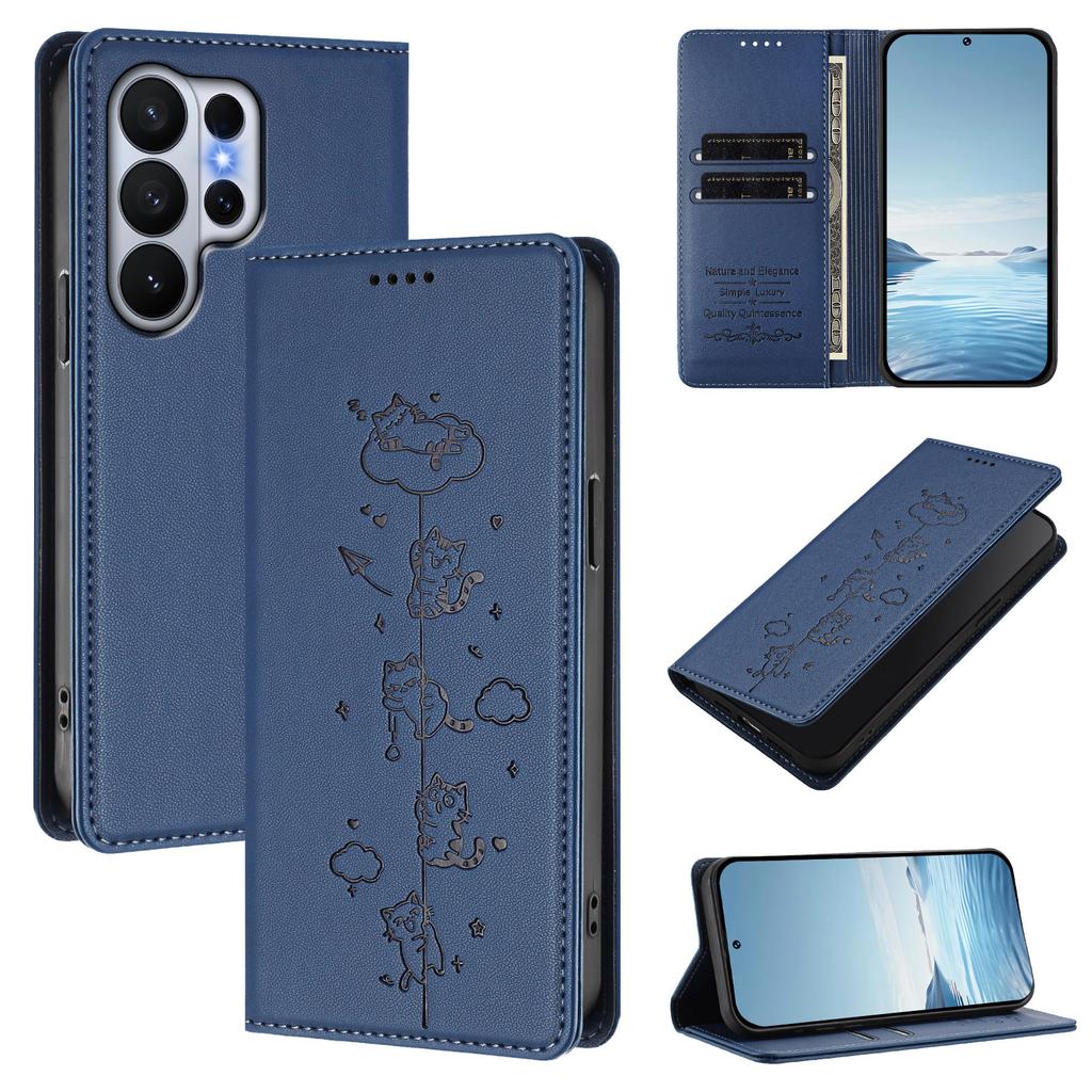 Cute Cat Embossed Flip Cards Solt Leather Wallet Phone Case For Samsung S26 Ultra S25 S24 Plus S23 For Magsafe Shockproof Cover