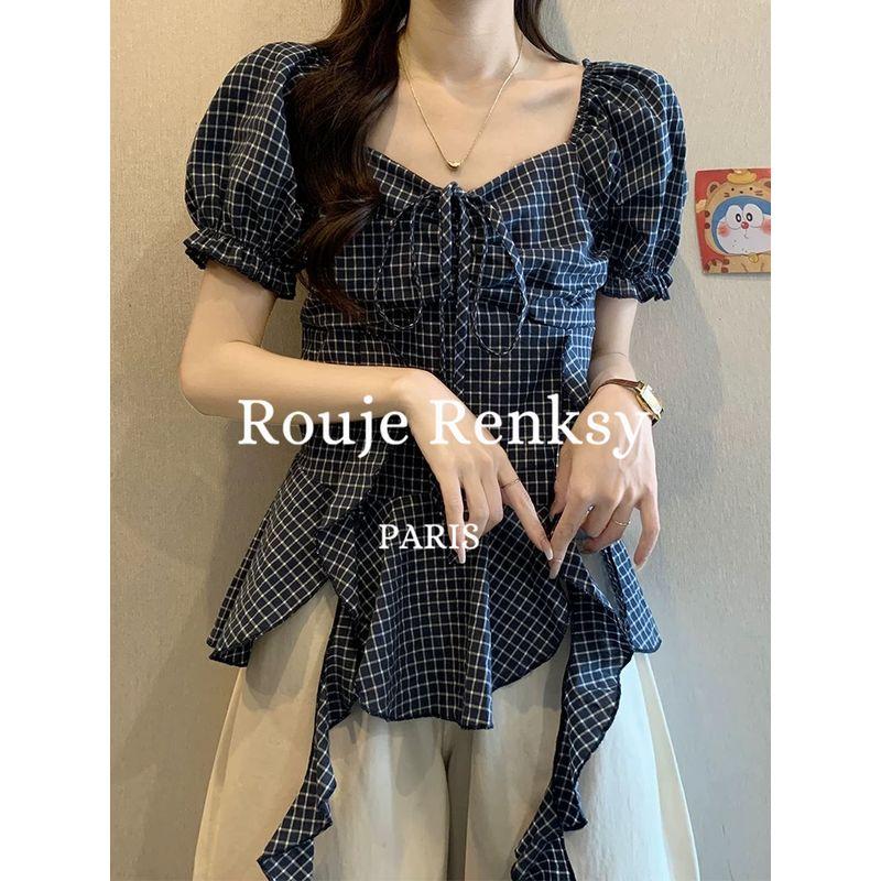 

French Rouje Renksy French Style Retro Red Plaid Contrast Color Short Sleeve Shirt Women s Summer off-the-Shoulder Bow Tops Navy blue Shirt M