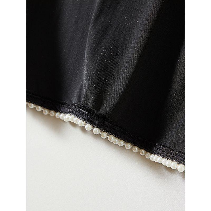 Feminine Black Dress! Lace Edge Small Horn Long Sleeve Pleuche Cocoon Shaped Pearl Edge Dress Spring & Fall Winter Skirt