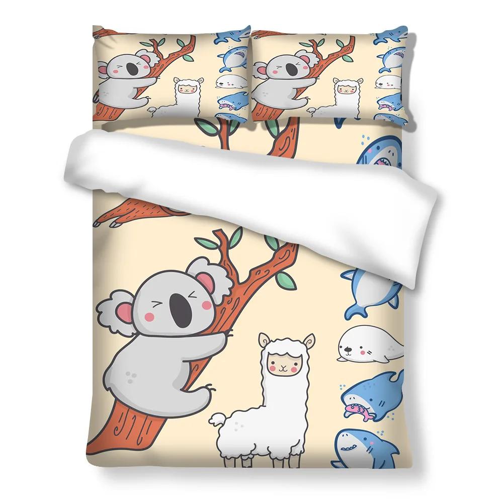 Cartoon Alpaca Duvet Cover King Queen Size Lovely White Animal Bedding Set for Kids Tropical Cactus 2/3pcs Polyester Quilt Cover