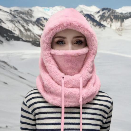 Women Riding Headgear Solid Color Adjustable Drawstring Face Guard Headgear Fall Winter Thickened Warm Plush Hat