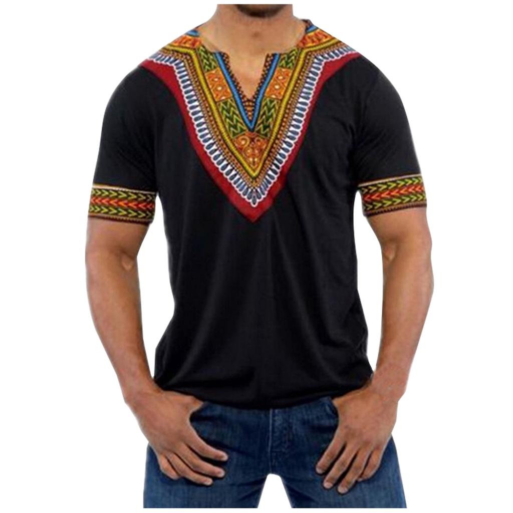 Men'S Cotton Shirt Men'S Ethnic Printed V-Neck Short-Sleeved T-Shirt Top