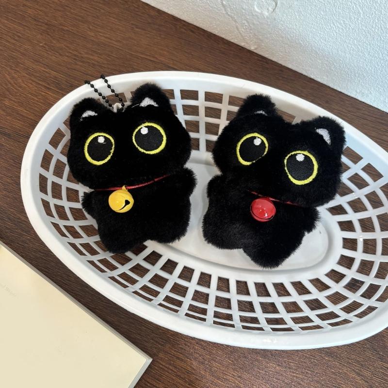 Adorable Plush Black Kitten Keychain With Bells And Fish Toy Christmas Tree Ornament Gift For Kids Birthday Decorations