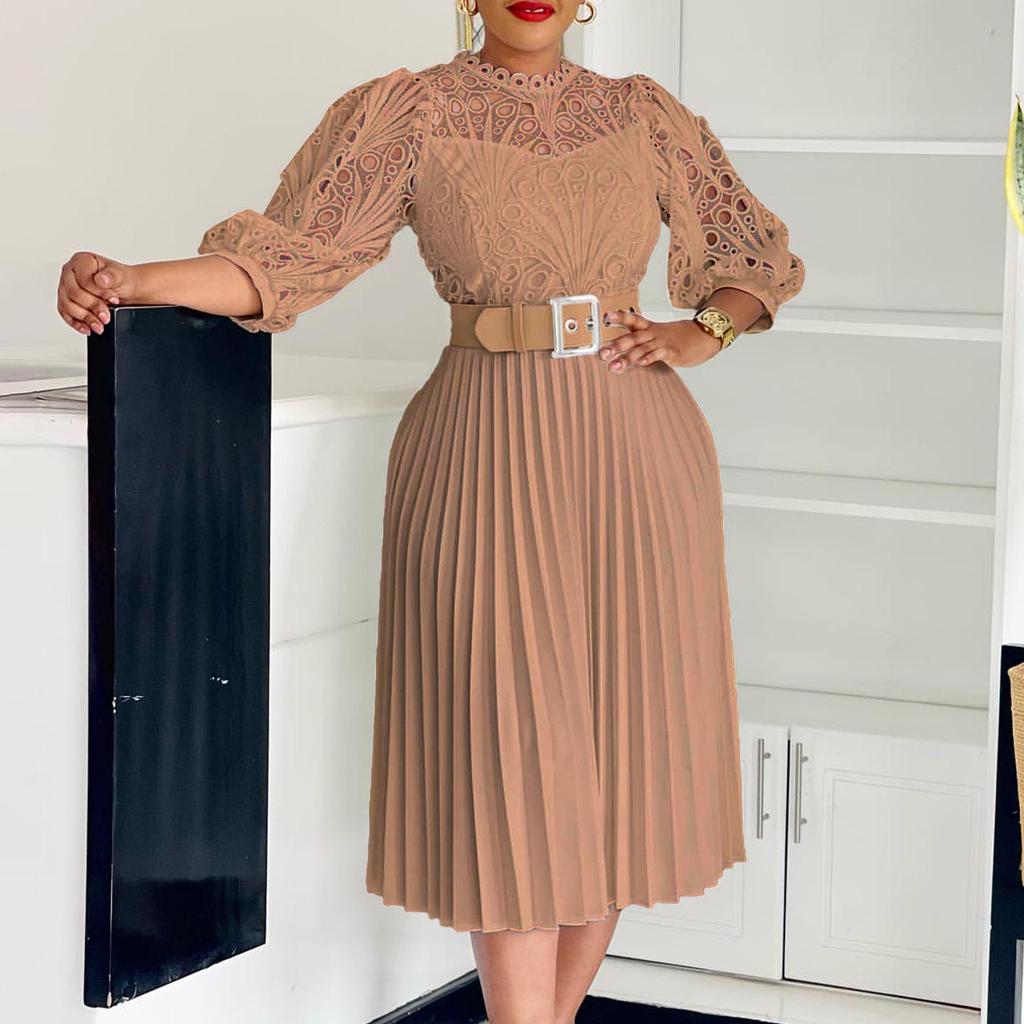 C8595 Women's Solid Color Lace Crochet Pleated Dress