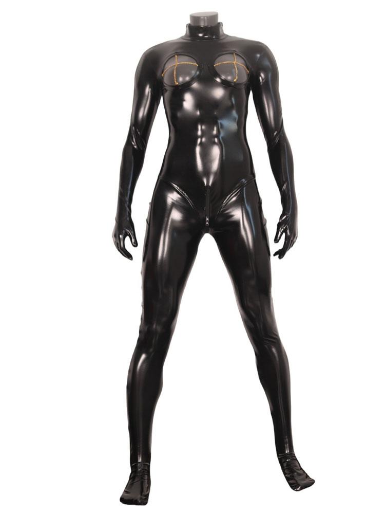 Sexy Zentai Faux Latex Leather Hollow Out Breast Jumpsuit Wetlook Exotic Cosplay Full Body Bodysuit Elastic Shaping Tights