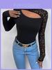 Streetwear Lace Spliced Long Sleeve T Shirt For Women With High Neck And Soft Acrylic Fabric